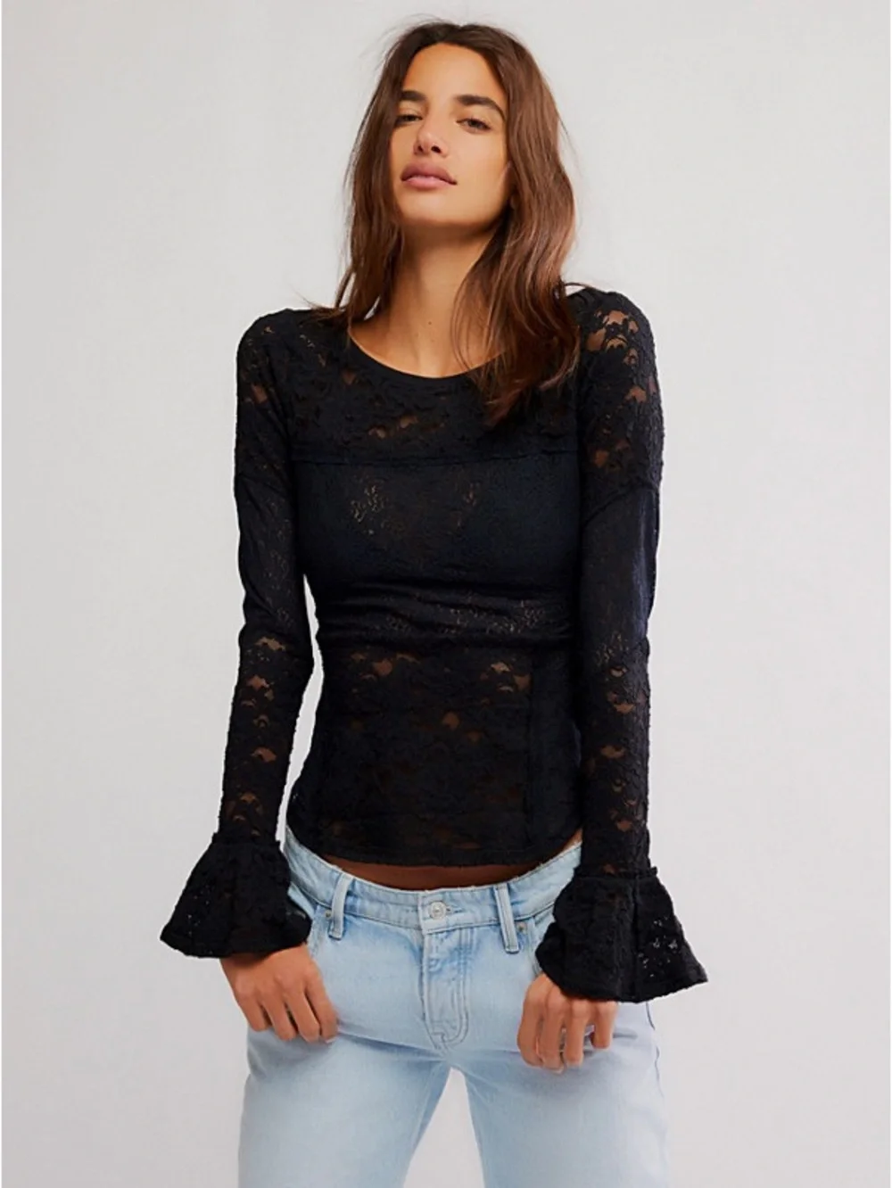 Free People Sheer Lace Flared Long Sleeve Top
